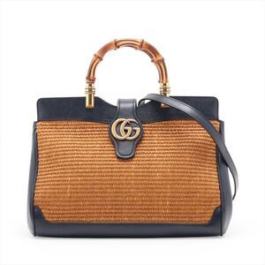 Gucci Bamboo Shopper Raffia Leather 2Way Shoulder Tote Bag Brown Black